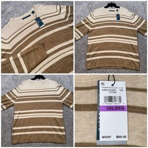 Perry Ellis Striped Sweater Mens XXL Otter Brown Beige Linen Blend Soft NEW $89